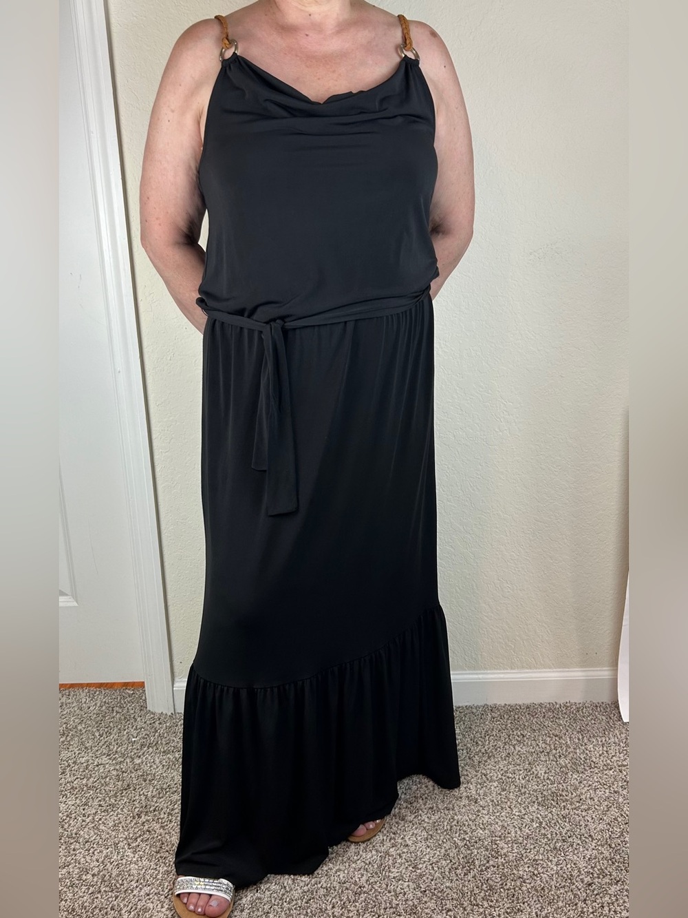 Michael Kors Black Maxi Dress L Racerback Belted Stretch Casual Summer